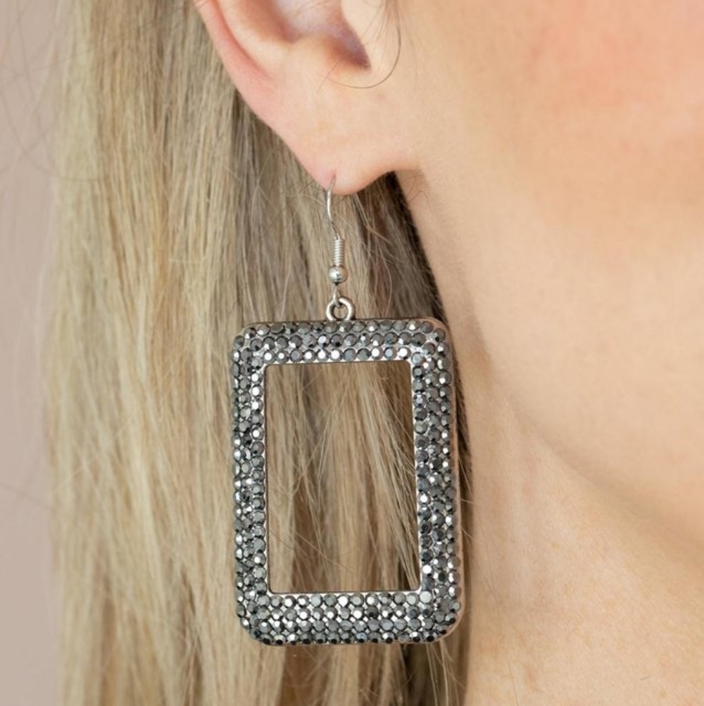 Rhinestone Earrings Silver Hematite